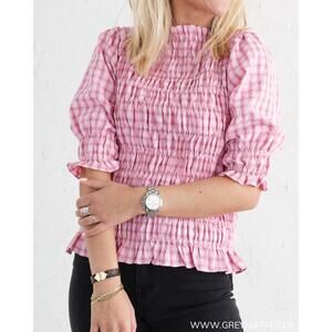 Neo Noir Kara Smock Candy Check Top Smocked Balloon Puff Sleeve Blouse